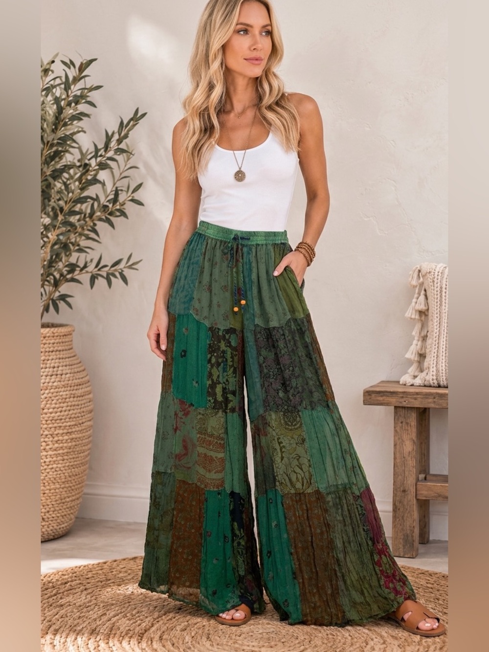 "The Kendra" Basil Retro Revival Long Flared Patchwork Pants
